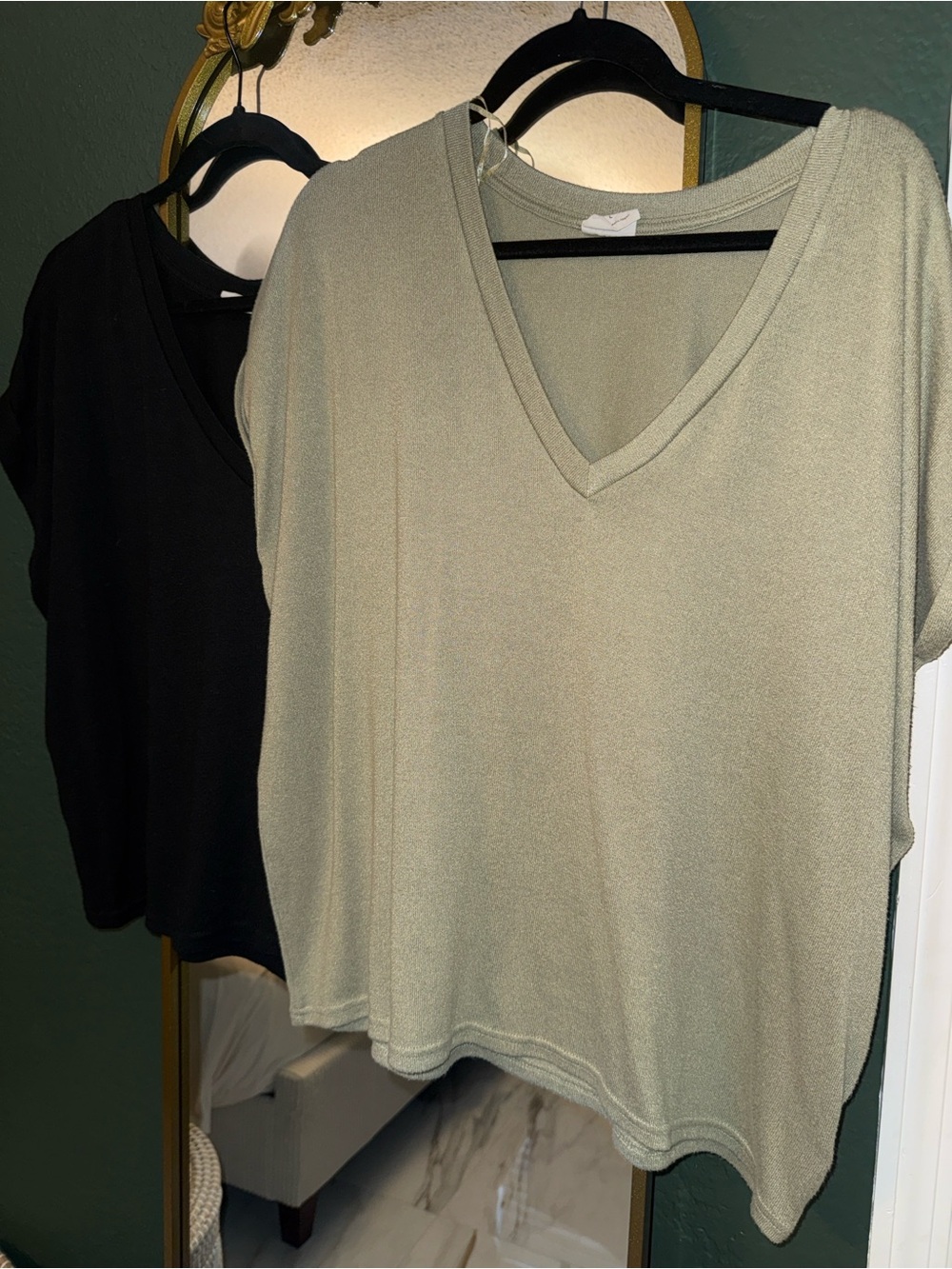 Relaxed V-Neck Women's Top in Sage Green & black